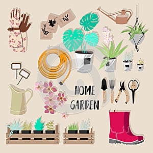 Collection of  garden tools elements on beige background.
